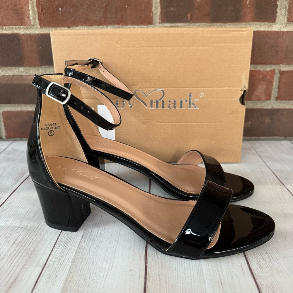 Love Mark black patent block heel ankle strap sandals women’s US 9 M